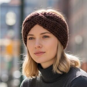 Headband Earwarmer Hand Crafted Crossover Brown Turban Knit Top Knot Winter
